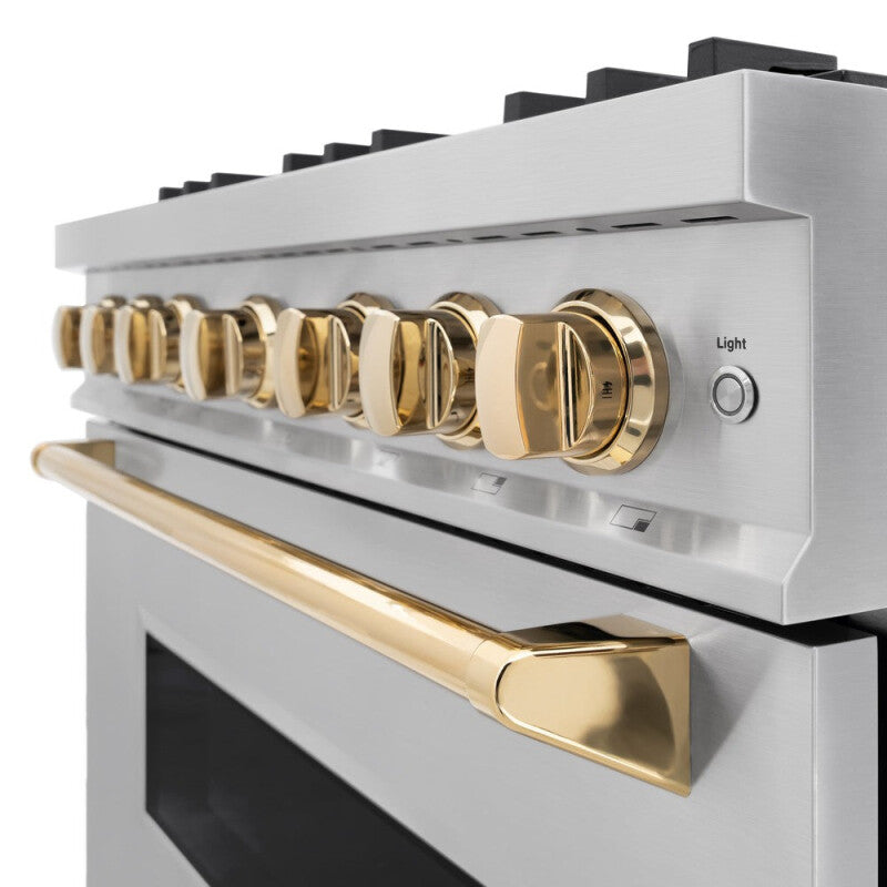 ZLINE Autograph Edition 36 in. 5.2 cu. ft. Classic Gas Range with 6 Burner Cooktop and Convection Gas Oven in Stainless Steel and Polished Gold Accents (CGRZ-36-G) - (CGRZ36G) -