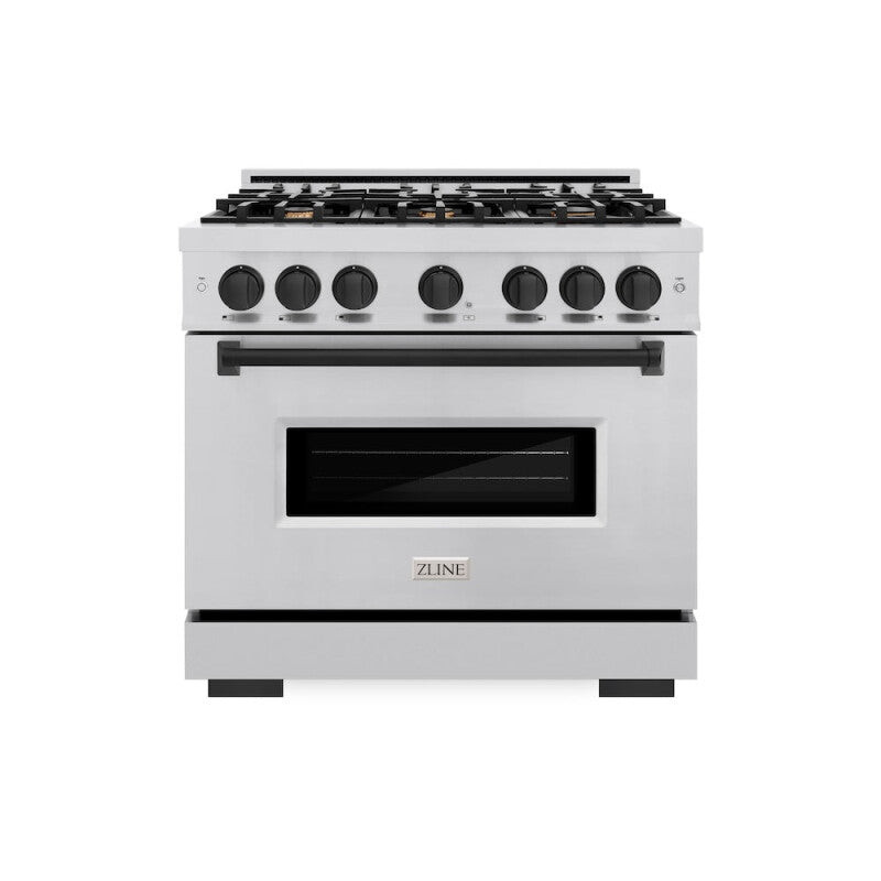 ZLINE Autograph Edition 36 in. 5.2 cu. ft. Classic Gas Range with 6 Burner Cooktop and Convection Gas Oven in Stainless Steel and Matte Black Accents (CGRZ-36-MB) - (CGRZ36MB) -