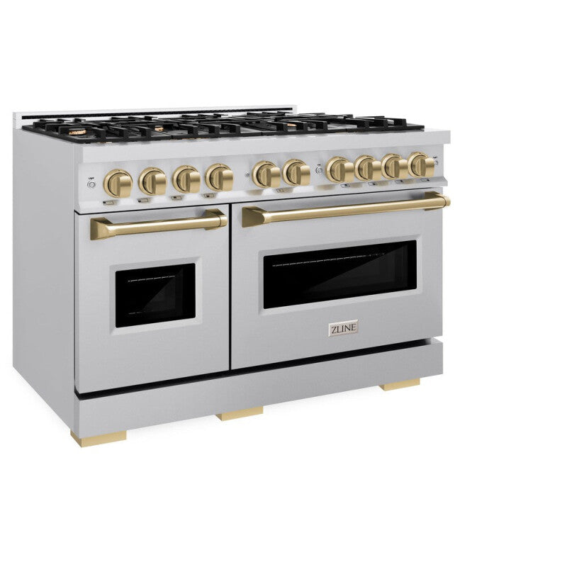 ZLINE Autograph Edition 48 in. 6.7 cu. ft. Classic Double Oven Gas Range with 8 Burner Cooktop in Stainless Steel and Champagne Bronze Accents (CGRZ-48-CB) - (CGRZ48CB) -