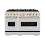 ZLINE Autograph Edition 48 in. 6.7 cu. ft. Classic Double Oven Gas Range with 8 Burner Cooktop in Stainless Steel and Polished Gold Accents (CGRZ-48-G) - (CGRZ48G) -