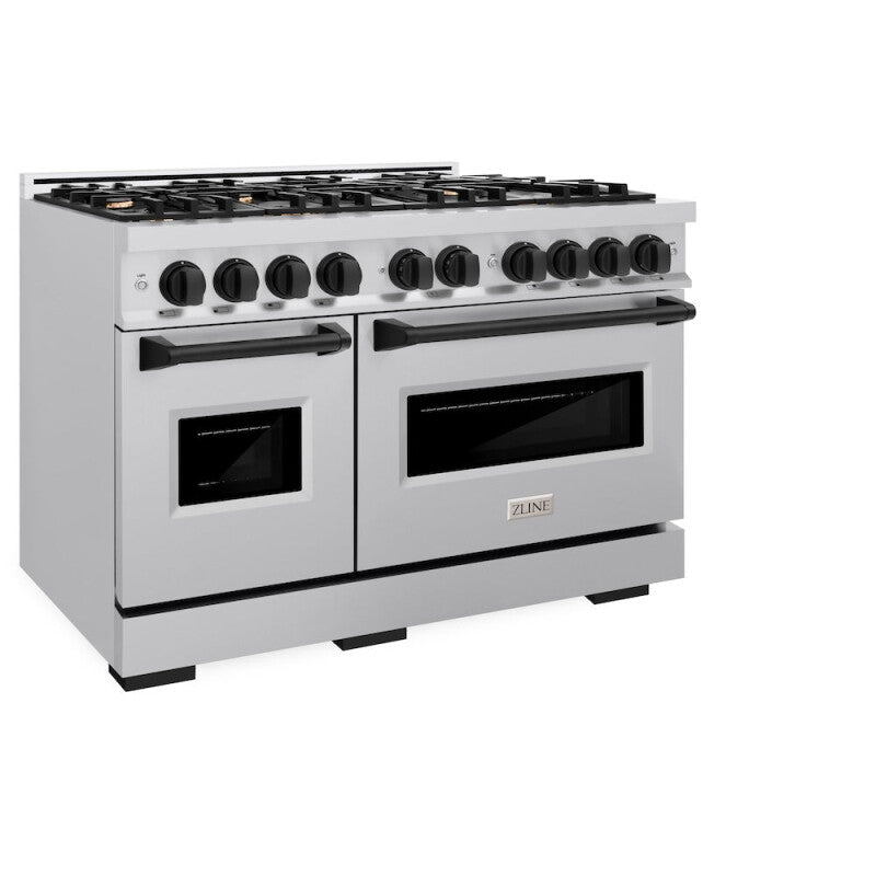 ZLINE Autograph Edition 48 in. 6.7 cu. ft. Classic Double Oven Gas Range with 8 Burner Cooktop in Stainless Steel and Matte Black Accents (CGRZ-48-MB) - (CGRZ48MB) -
