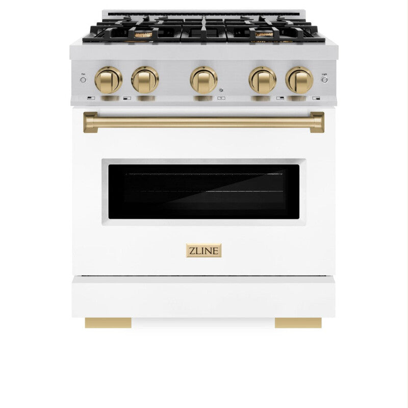 ZLINE Autograph Edition 30 in. 4.2 cu. ft. Classic Gas Range with 4 Burner Cooktop and Convection Gas Oven in Stainless Steel with White Matte Door and Champagne Bronze Accents (CGRZ-WM-30-CB) - (CGRZWM30CB) -