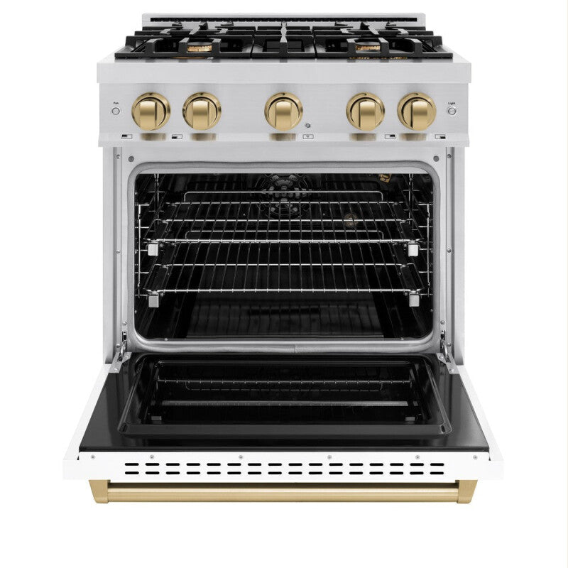 ZLINE Autograph Edition 30 in. 4.2 cu. ft. Classic Gas Range with 4 Burner Cooktop and Convection Gas Oven in Stainless Steel with White Matte Door and Champagne Bronze Accents (CGRZ-WM-30-CB) - (CGRZWM30CB) -
