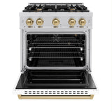 ZLINE Autograph Edition 30 in. 4.2 cu. ft. Classic Gas Range with 4 Burner Cooktop and Convection Gas Oven in Stainless Steel with White Matte Door and Champagne Bronze Accents (CGRZ-WM-30-CB) - (CGRZWM30CB) -