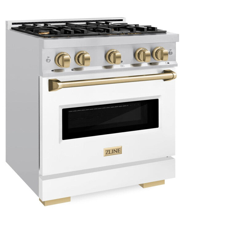 ZLINE Autograph Edition 30 in. 4.2 cu. ft. Classic Gas Range with 4 Burner Cooktop and Convection Gas Oven in Stainless Steel with White Matte Door and Champagne Bronze Accents (CGRZ-WM-30-CB) - (CGRZWM30CB) -