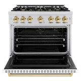ZLINE Autograph Edition 36 in. 5.2 cu. ft. Classic Gas Range with 6 Burner Cooktop and Convection Gas Oven in Stainless Steel with White Matte Door and Polished Gold Accents (CGRZ-WM-36-G) - (CGRZWM36G) -