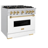 ZLINE Autograph Edition 36 in. 5.2 cu. ft. Classic Gas Range with 6 Burner Cooktop and Convection Gas Oven in Stainless Steel with White Matte Door and Polished Gold Accents (CGRZ-WM-36-G) - (CGRZWM36G) -