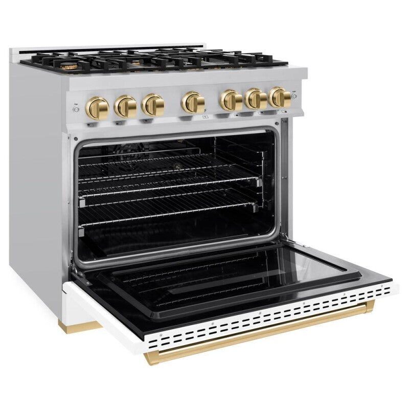 ZLINE Autograph Edition 36 in. 5.2 cu. ft. Classic Gas Range with 6 Burner Cooktop and Convection Gas Oven in Stainless Steel with White Matte Door and Polished Gold Accents (CGRZ-WM-36-G) - (CGRZWM36G) -