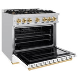 ZLINE Autograph Edition 36 in. 5.2 cu. ft. Classic Gas Range with 6 Burner Cooktop and Convection Gas Oven in Stainless Steel with White Matte Door and Polished Gold Accents (CGRZ-WM-36-G) - (CGRZWM36G) -