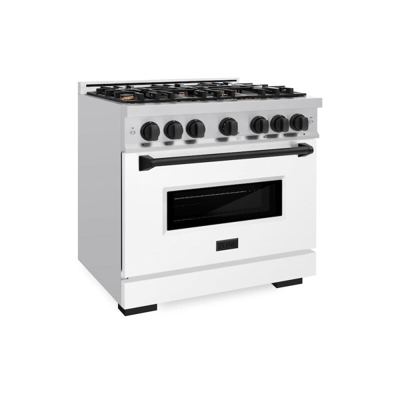 ZLINE Autograph Edition 36 in. 5.2 cu. ft. Classic Gas Range with 6 Burner Cooktop and Convection Gas Oven in Stainless Steel with White Matte Door and Matte Black Accents (CGRZ-WM-36-MB) - (CGRZWM36MB) -