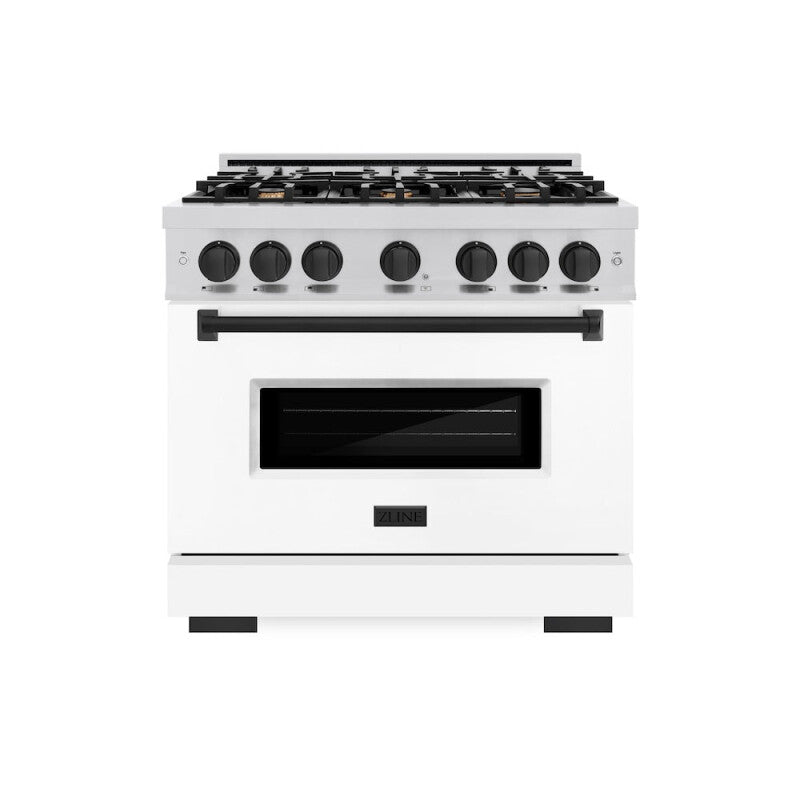 ZLINE Autograph Edition 36 in. 5.2 cu. ft. Classic Gas Range with 6 Burner Cooktop and Convection Gas Oven in Stainless Steel with White Matte Door and Matte Black Accents (CGRZ-WM-36-MB) - (CGRZWM36MB) -