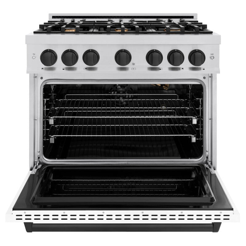 ZLINE Autograph Edition 36 in. 5.2 cu. ft. Classic Gas Range with 6 Burner Cooktop and Convection Gas Oven in Stainless Steel with White Matte Door and Matte Black Accents (CGRZ-WM-36-MB) - (CGRZWM36MB) -