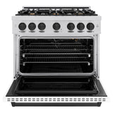 ZLINE Autograph Edition 36 in. 5.2 cu. ft. Classic Gas Range with 6 Burner Cooktop and Convection Gas Oven in Stainless Steel with White Matte Door and Matte Black Accents (CGRZ-WM-36-MB) - (CGRZWM36MB) -