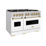 ZLINE Autograph Edition 48 in. 6.7 cu. ft. Classic Double Oven Gas Range with 8 Burner Cooktop in Stainless Steel with White Matte Doors and Champagne Bronze Accents (CGRZ-WM-48-CB) - (CGRZWM48CB) -