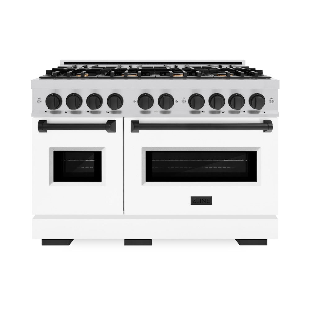ZLINE Autograph Edition 48 in. 6.7 cu. ft. Classic Double Oven Gas Range with 8 Burner Cooktop in Stainless Steel with White Matte Doors and Matte Black Accents (CGRZ-WM-48-MB) - (CGRZWM48MB) -