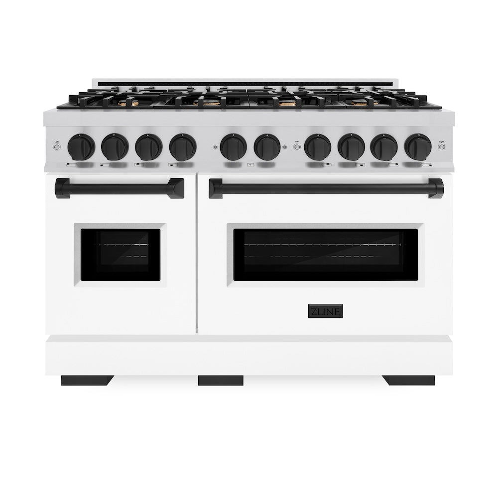 ZLINE Autograph Edition 48 in. 6.7 cu. ft. Classic Double Oven Gas Range with 8 Burner Cooktop in Stainless Steel with White Matte Doors and Matte Black Accents (CGRZ-WM-48-MB) - (CGRZWM48MB) -