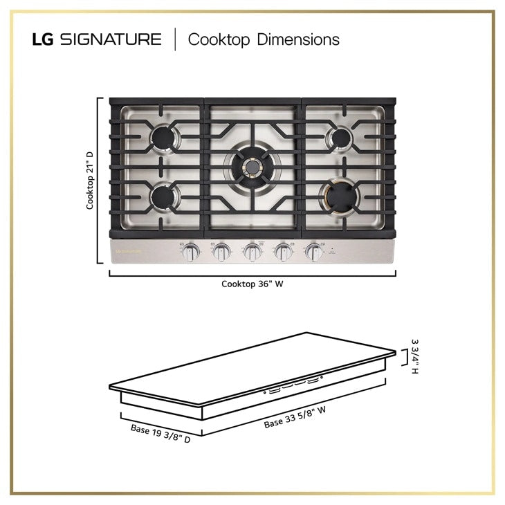 LG SIGNATURE CBGU3639X 36 Inch Gas Cooktop dimensional drawing