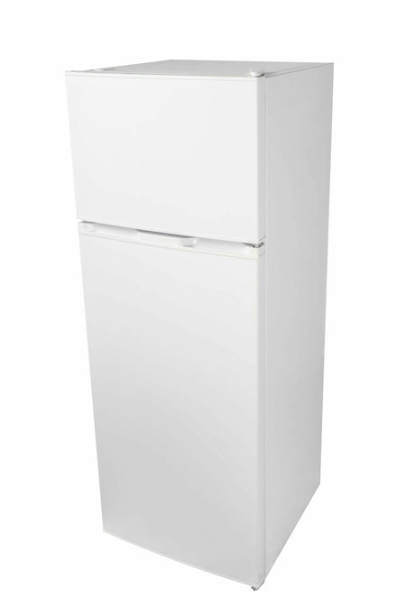 Danby 7.4 cu. ft. apartment size top mount fridge in white, front angle view