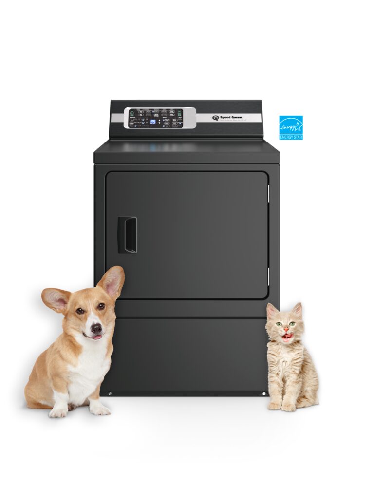 Speed Queen DR7004BE matte black electric dryer with Pet Plus and ENERGY STAR badges