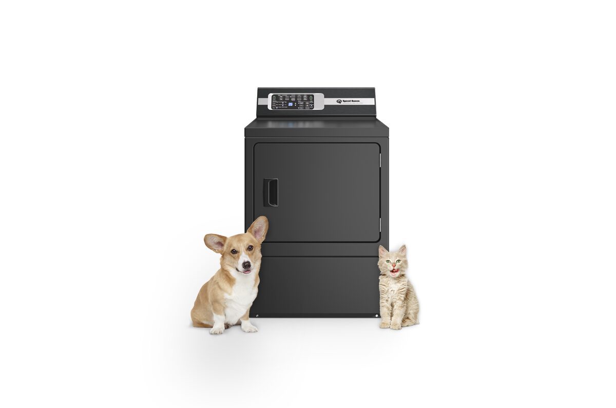 Speed Queen DR7004BE matte black electric dryer front view with Pet Plus badge