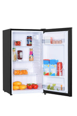 Danby DAR032B2BM compact fridge in black, door open with shelves