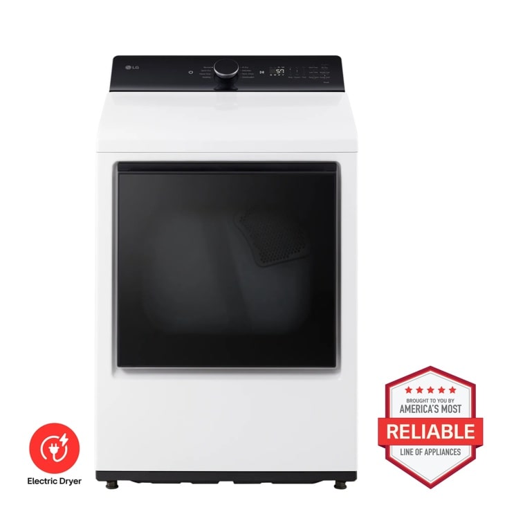 LG DLE8400WE electric dryer front view in Alpine White