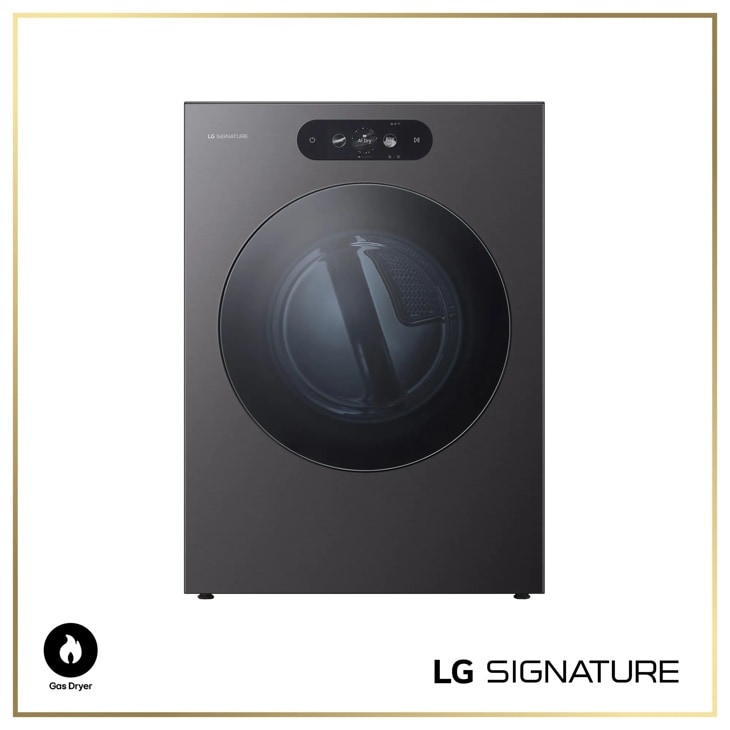 LG SIGNATURE DLGX9901B gas dryer front view in black steel