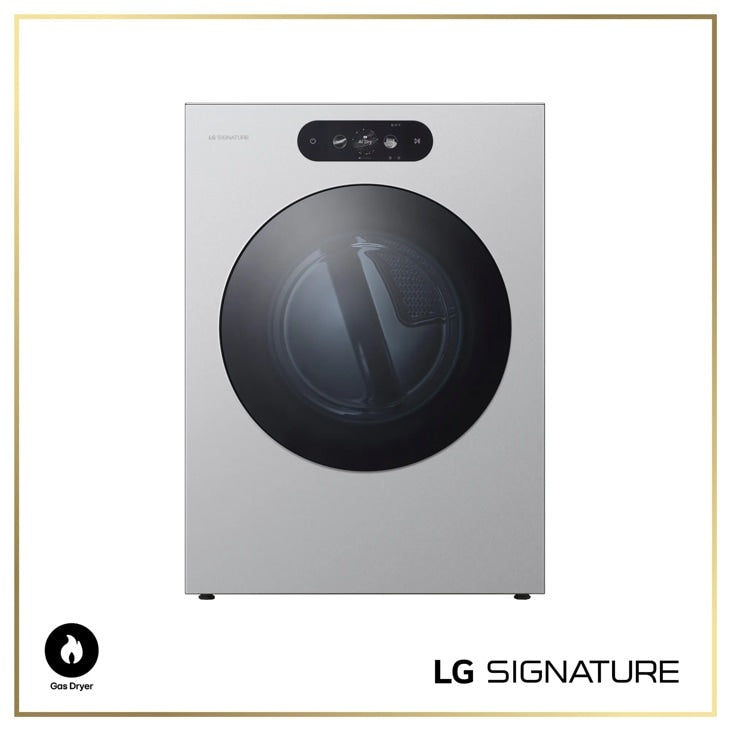 LG SIGNATURE DLGX9901S gas dryer front view in platinum steel
