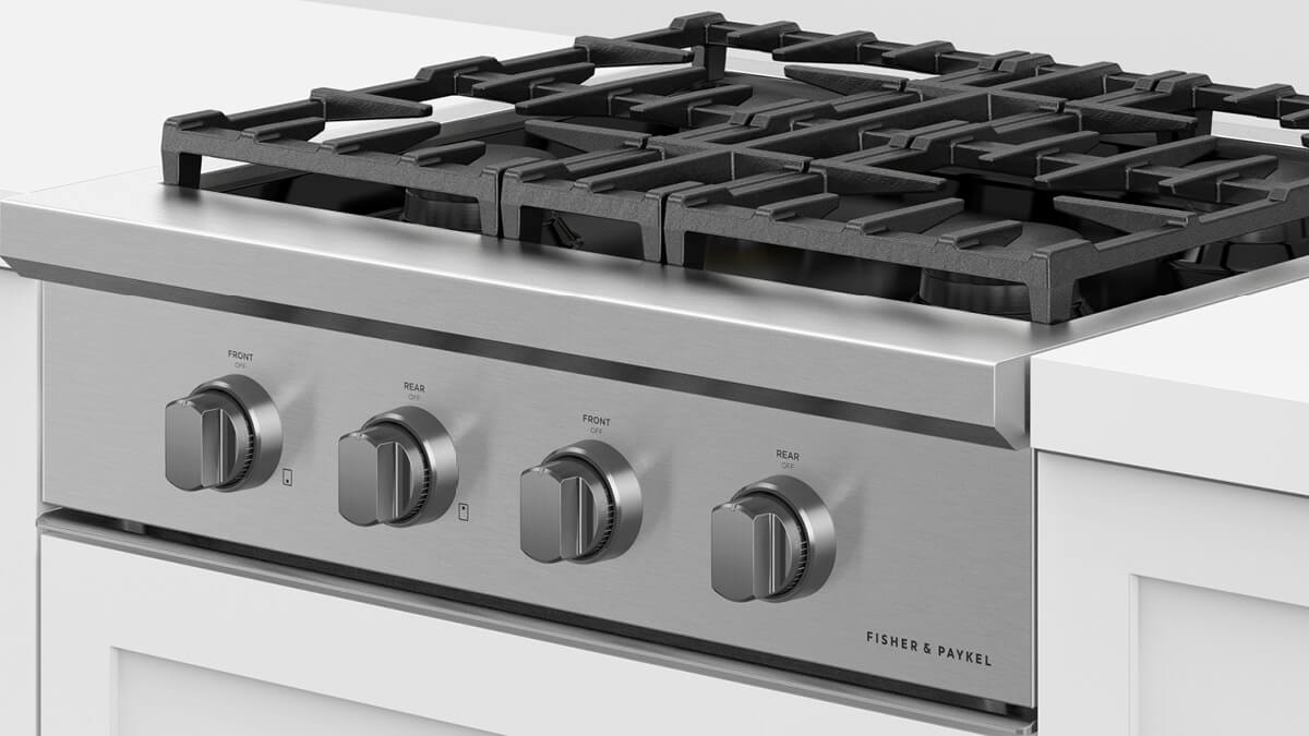 Fisher & Paykel CPV3-304-N Professional Rangetop installed, angled view