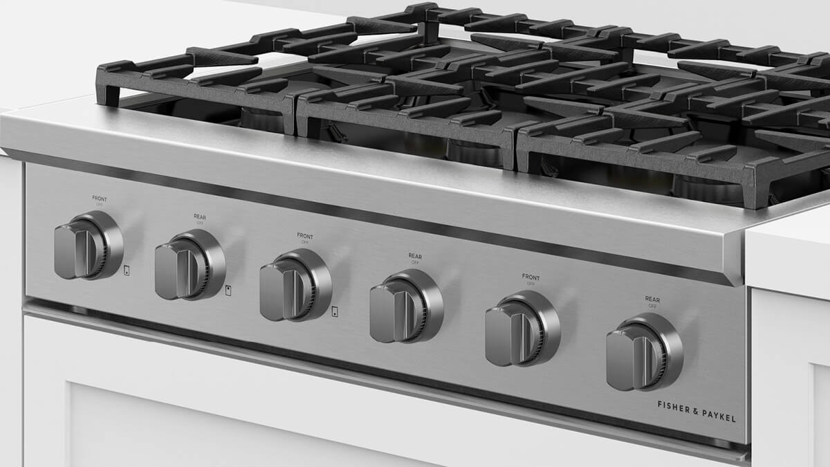 Fisher & Paykel CPV3-366-N Professional Rangetop installed, angled view