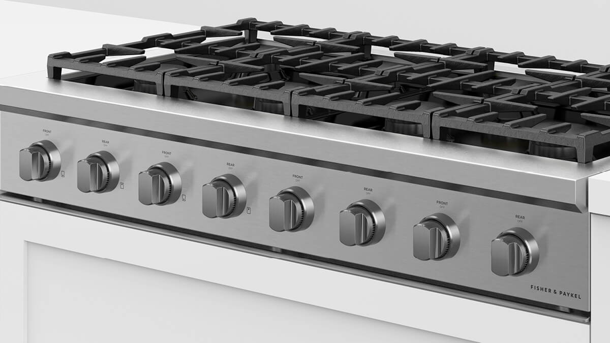 Fisher & Paykel CPV3-488-N Professional Rangetop installed, angled view