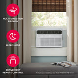 A Frigidaire FHWC064TE1 6,000 BTU Window Air Conditioner unit installed in a white window, highlighting three key benefits: Convenient remote control, multi-direction airflow, and sleep mode. 