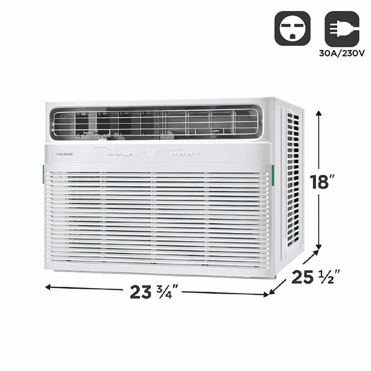 Frigidaire 18,000 BTU Smart Window Room AC Model FHWW184WE2, right side view with product dimensions, and plug type and voltage specifications.
