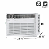 Frigidaire 18,000 BTU Smart Window Room AC Model FHWW184WE2, right side view with product dimensions, and plug type and voltage specifications.