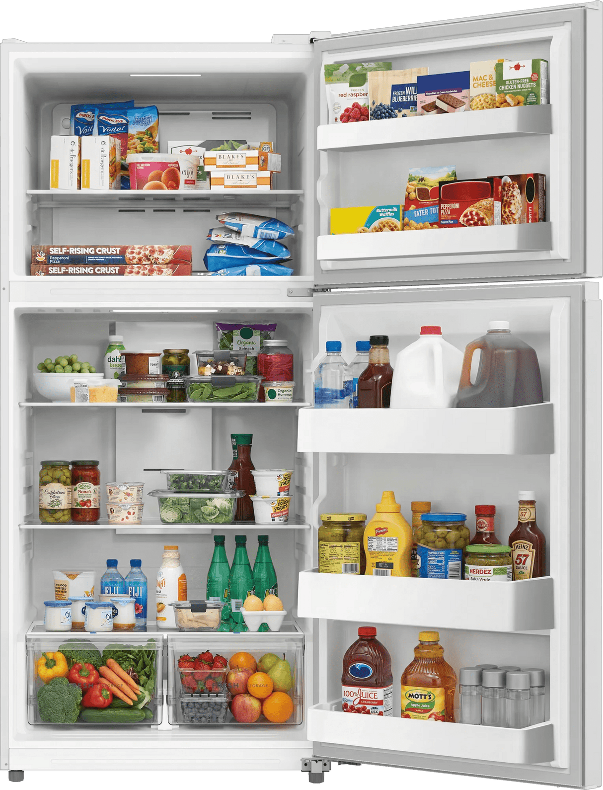 Frigidaire FRTE1814AW top freezer refrigerator – doors open, loaded