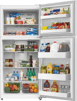 Frigidaire FRTE1814AW top freezer refrigerator – doors open, loaded