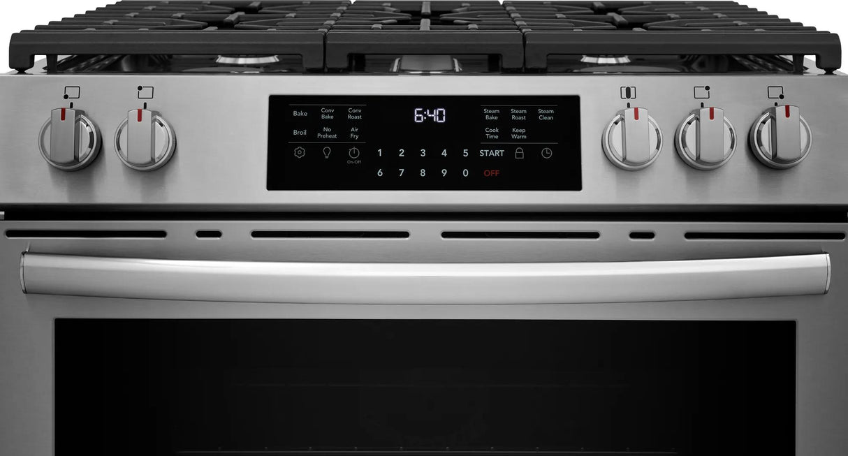Frigidaire Gallery 30" Front Control Freestanding Gas Range with Total Convection &amp; Air Fry, 5.1 Cu. Ft., Smudge-Proof Stainless Steel - GCFG3059BF