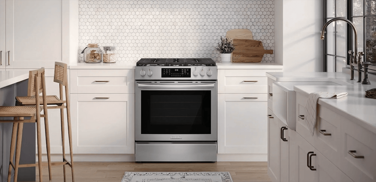 Frigidaire Gallery 30" Front Control Freestanding Gas Range with Total Convection &amp; Air Fry, 5.1 Cu. Ft., Smudge-Proof Stainless Steel - GCFG3059BF