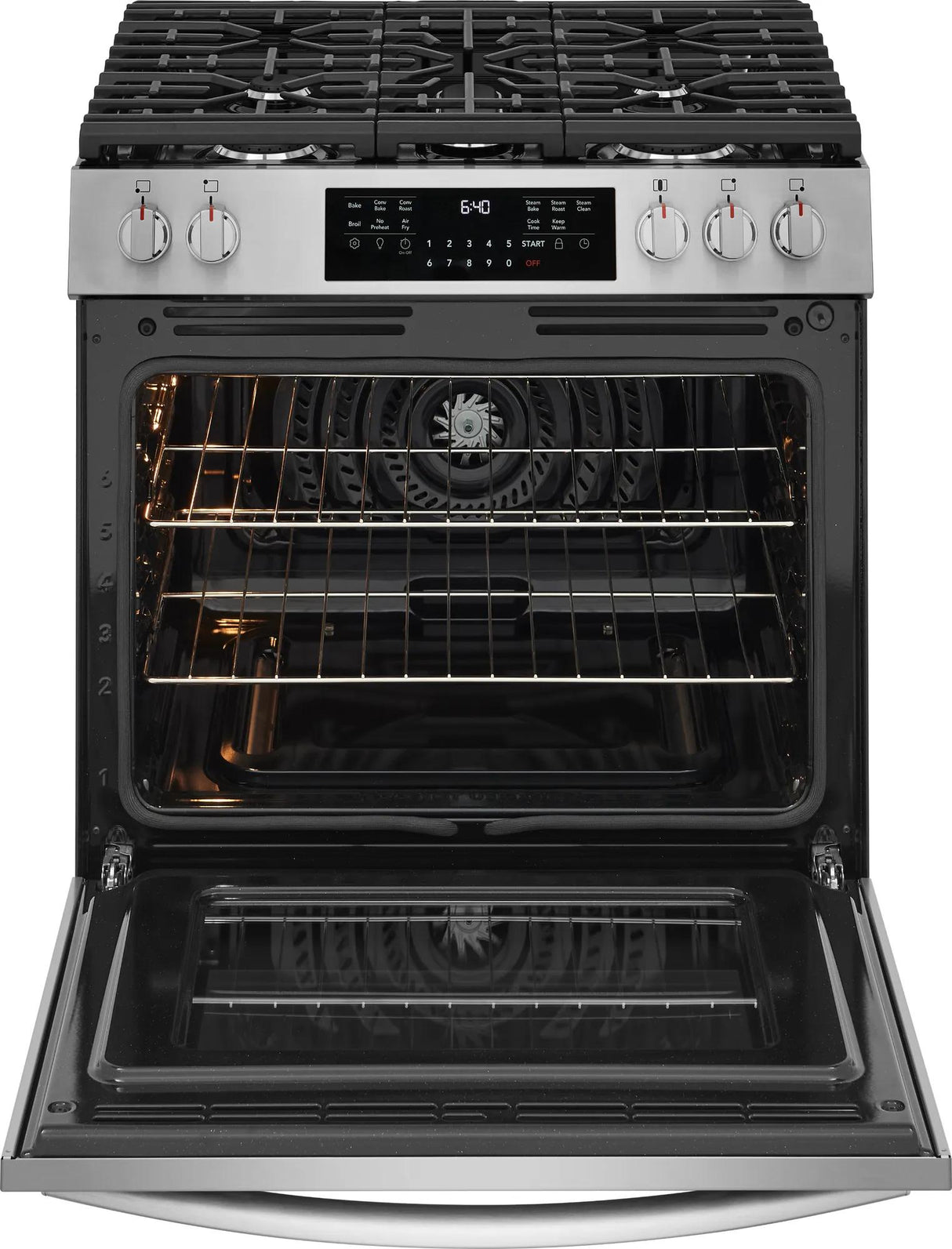 Frigidaire Gallery 30" Front Control Freestanding Gas Range with Total Convection &amp; Air Fry, 5.1 Cu. Ft., Smudge-Proof Stainless Steel - GCFG3059BF