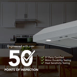Broan GLA1303SS LED lighting and micro mesh filter infographic