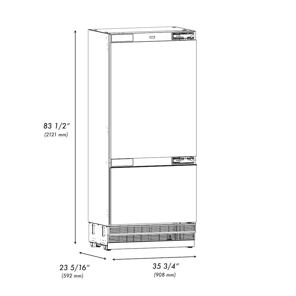 ZLINE 36 in. 19.8 cu. ft. Panel Ready Built-In Bottom Freezer Refrigerator with Water Dispenser and Ice Maker with Graphite Gray Interior (GRBIT-36) - (GRBIT36) -