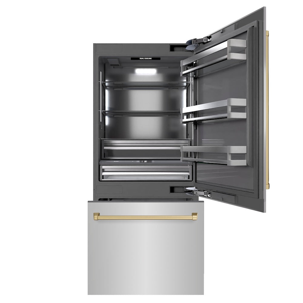 ZLINE Autograph Edition 36 in. 19.8 cu. ft. Built-In Bottom Freezer Refrigerator with Water Dispenser and Ice Maker in Stainless Steel with Graphite Gray Interior and Champagne Bronze Accents (GRBITZ-304-36CB) - (GRBITZ30436CB) -
