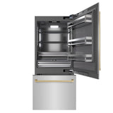 ZLINE Autograph Edition 36 in. 19.8 cu. ft. Built-In Bottom Freezer Refrigerator with Water Dispenser and Ice Maker in Stainless Steel with Graphite Gray Interior and Champagne Bronze Accents (GRBITZ-304-36CB) - (GRBITZ30436CB) -