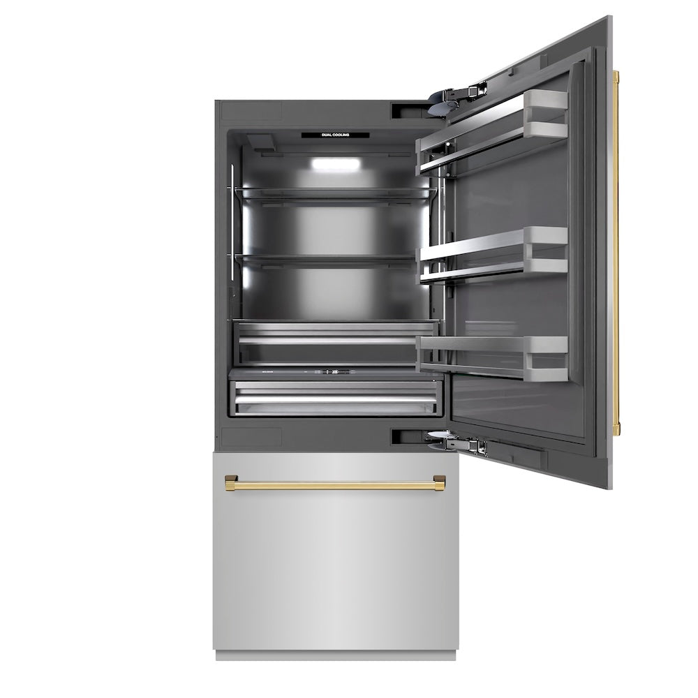 ZLINE Autograph Edition 36 in. 19.8 cu. ft. Built-In Bottom Freezer Refrigerator with Water Dispenser and Ice Maker in Stainless Steel with Graphite Gray Interior and Polished Gold Accents (GRBITZ-304-36G) - (GRBITZ30436G) -
