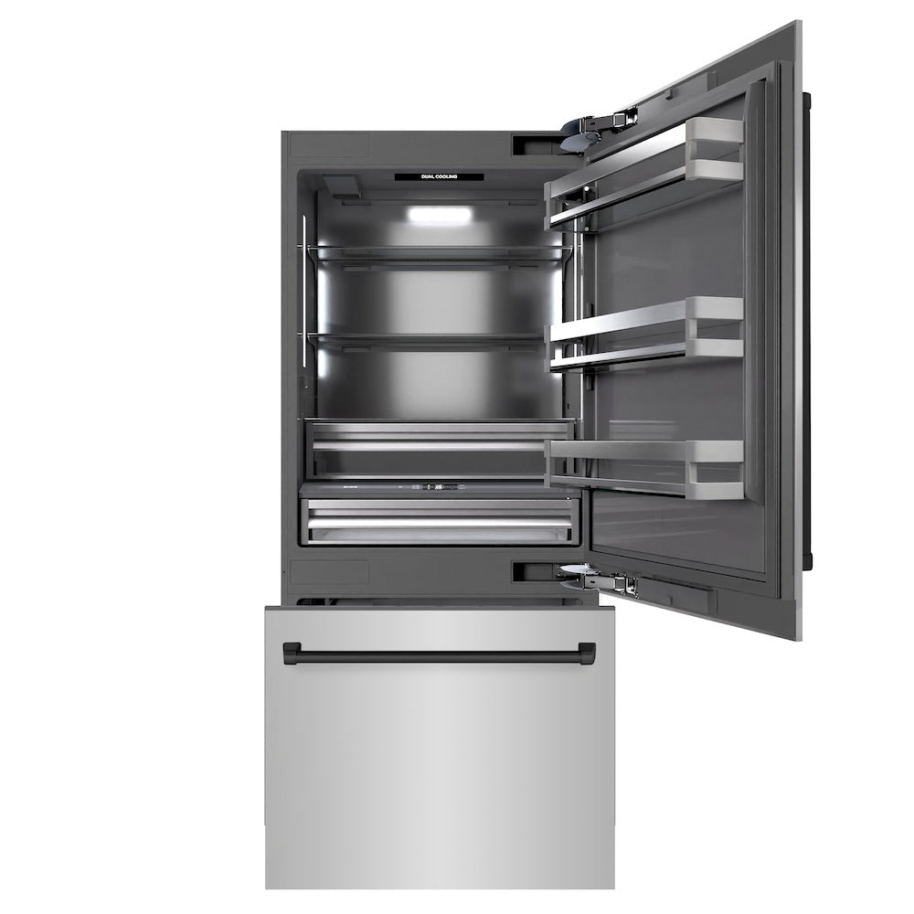 ZLINE Autograph Edition 36 in. 19.8 cu. ft. Built-In Bottom Freezer Refrigerator with Water Dispenser and Ice Maker in Stainless Steel with Graphite Gray Interior and Matte Black Accents (GRBITZ-304-36MB) - (GRBITZ30436MB) -