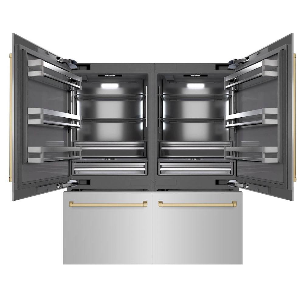 ZLINE Autograph Edition 72 in. 39.6 cu. ft. French Door Built-In Bottom Freezer Refrigerator with Water Dispensers and Ice Makers in Stainless Steel with Graphite Gray Interior and Champagne Bronze Accents (GRBITZ-304-72CB) - (GRBITZ30472CB) -