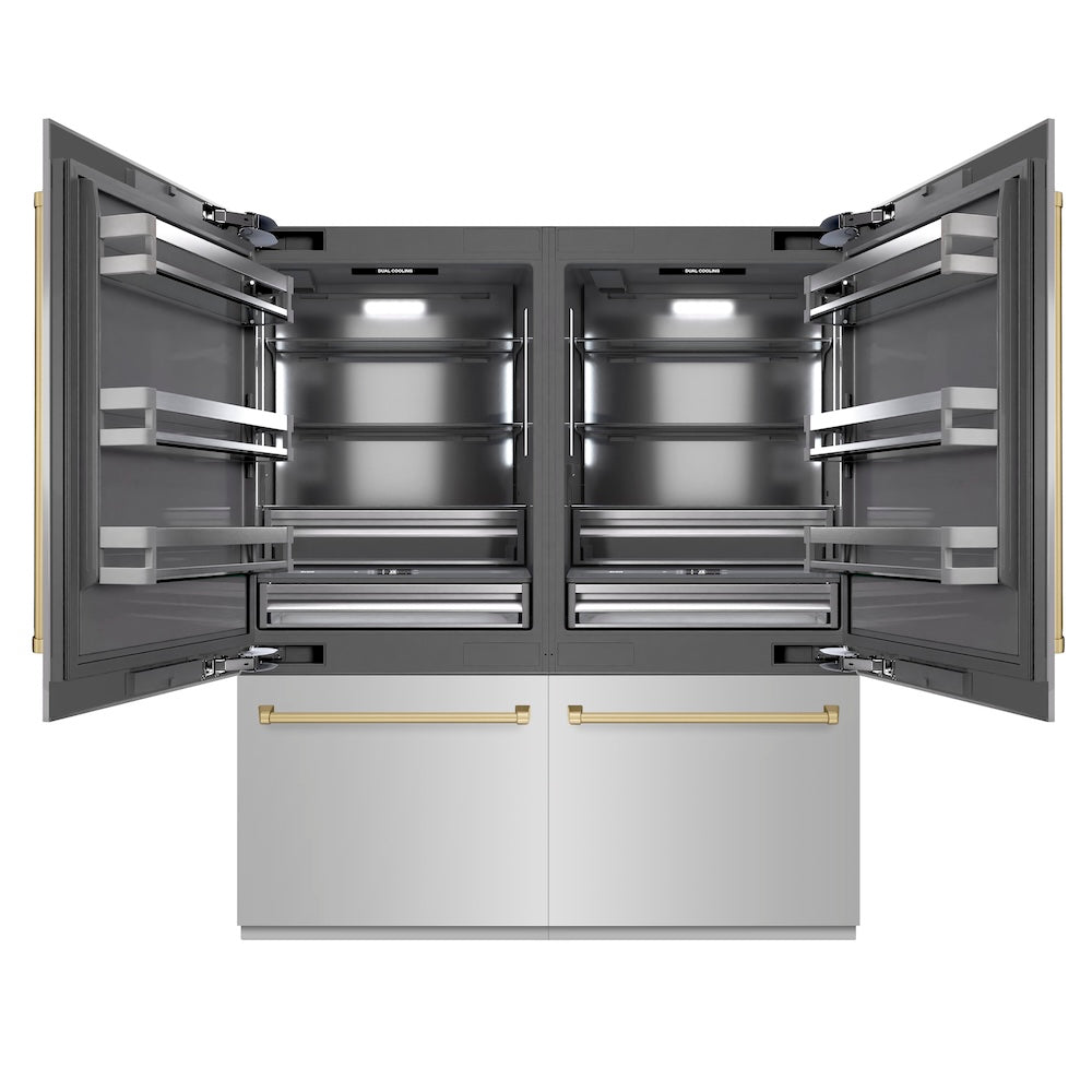 ZLINE Autograph Edition 72 in. 39.6 cu. ft. French Door Built-In Bottom Freezer Refrigerator with Water Dispensers and Ice Makers in Stainless Steel with Graphite Gray Interior and Champagne Bronze Accents (GRBITZ-304-72CB) - (GRBITZ30472CB) -