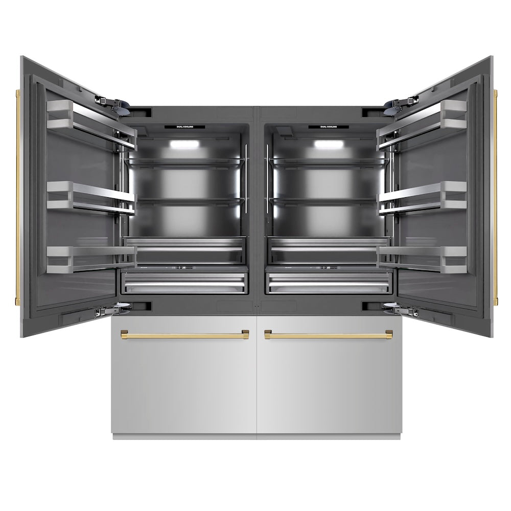 ZLINE Autograph Edition 72 in. 39.6 cu. ft. French Door Built-In Bottom Freezer Refrigerator with Water Dispensers and Ice Makers in Stainless Steel with Graphite Gray Interior and Polished Gold Accents (GRBITZ-304-72G) - (GRBITZ30472G) -