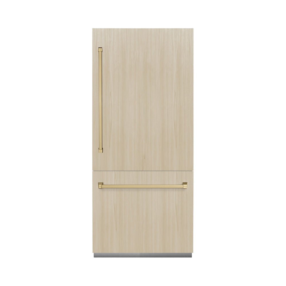 ZLINE Autograph Edition 36 in. 19.8 cu. ft. Panel Ready Built-In Bottom Freezer Refrigerator with Water Dispenser and Ice Maker with Graphite Gray Interior and Champagne Bronze Accents (GRBITZ-36-CB) - (GRBITZ36CB) -