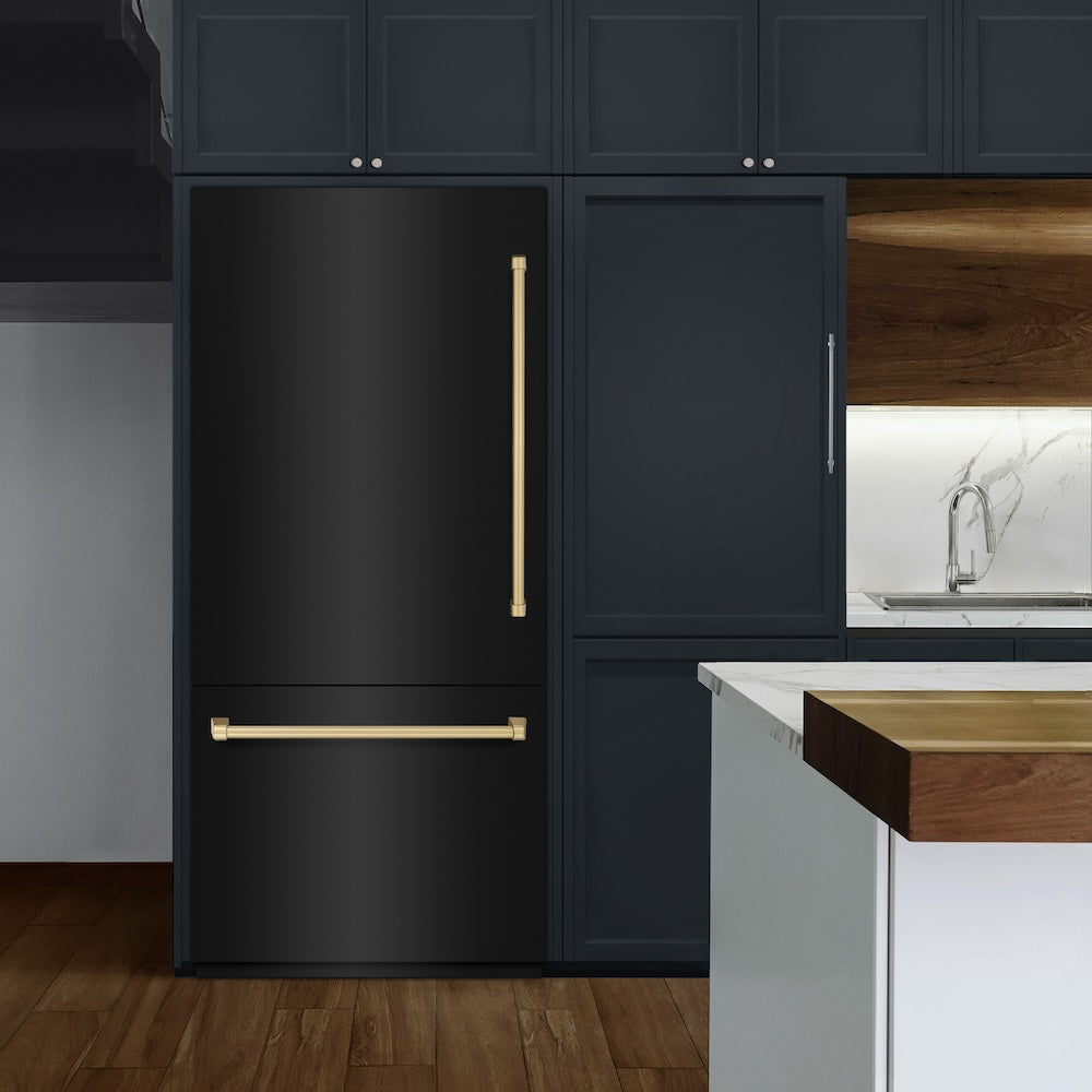 ZLINE Autograph Edition 36 in. 19.8 cu. ft. Built-In Bottom Freezer Refrigerator with Water Dispenser and Ice Maker in Black Stainless Steel with Graphite Gray Interior and Champagne Bronze Accents (GRBITZ-BS-36-CB) - (GRBITZBS36CB) -